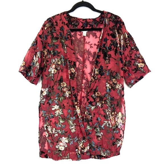 Womens Velvet Burnout Cardigan XS Small Open Boho Red Dark Floral Asian Sheer - Picture 1 of 15
